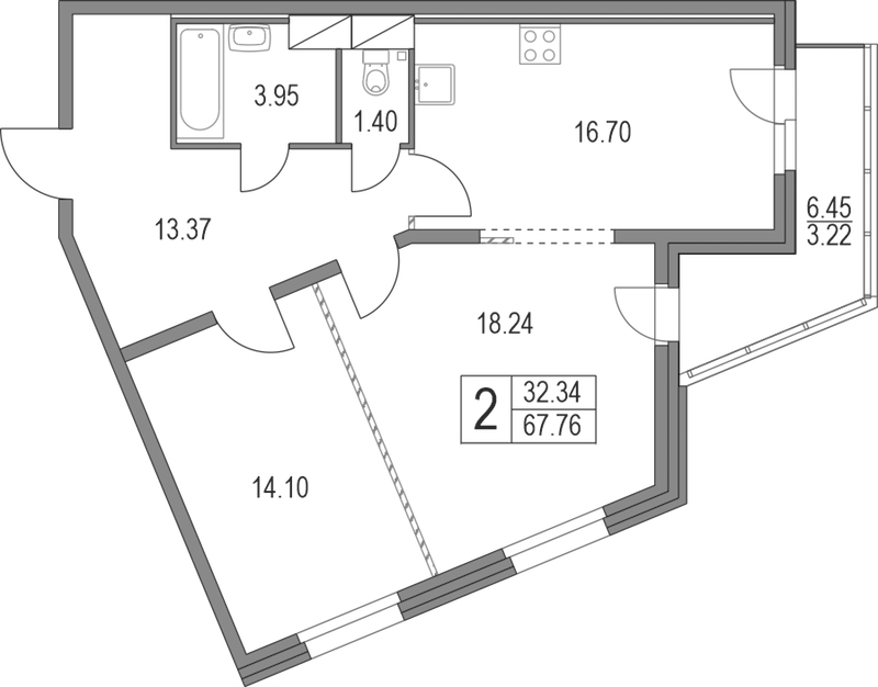 2-комнатная квартира 67.76 м², 4/19 эт., ЖК «Приморский квартал»